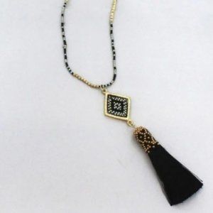Seed Bead Diamond and Black Thread Tassel Necklace